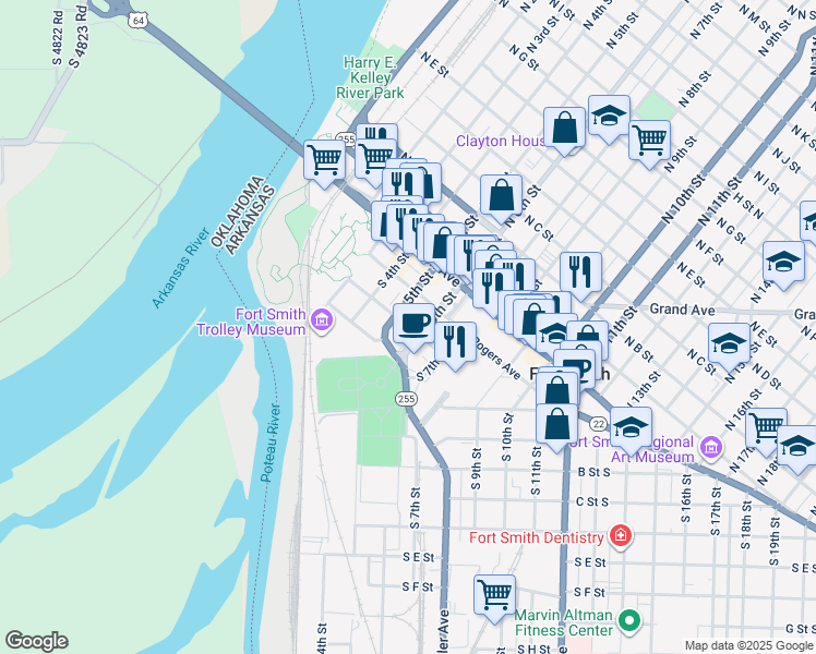 map of restaurants, bars, coffee shops, grocery stores, and more near Parker Avenue in Fort Smith