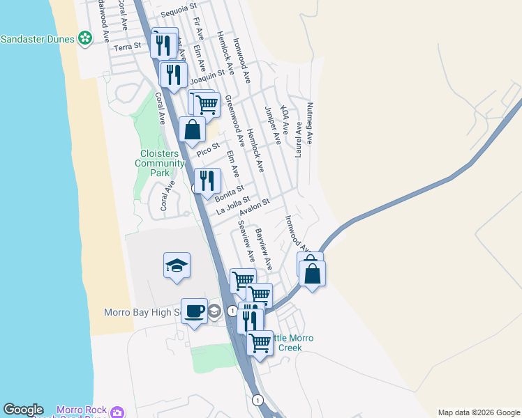 map of restaurants, bars, coffee shops, grocery stores, and more near 2235 Hemlock Avenue in Morro Bay