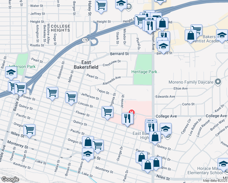 map of restaurants, bars, coffee shops, grocery stores, and more near 2004 Virginia Street in Bakersfield