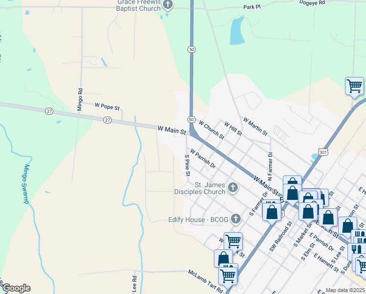 map of restaurants, bars, coffee shops, grocery stores, and more near 200 South Pine Street in Benson