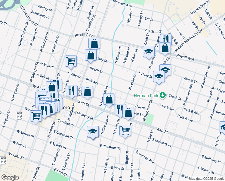 map of restaurants, bars, coffee shops, grocery stores, and more near 506 Park Avenue in Goldsboro