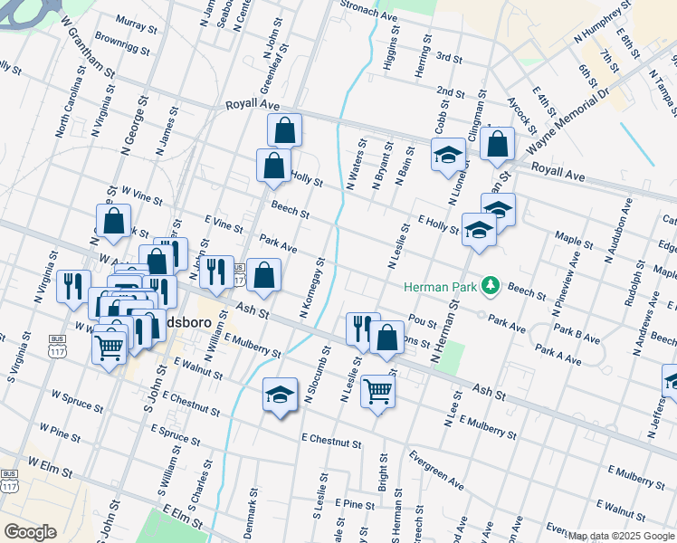 map of restaurants, bars, coffee shops, grocery stores, and more near 506 Park Avenue in Goldsboro