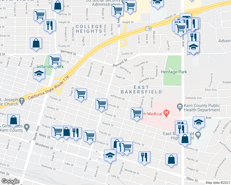 map of restaurants, bars, coffee shops, grocery stores, and more near 1424 Jefferson Street in Bakersfield