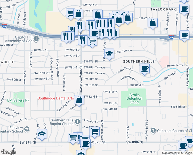 map of restaurants, bars, coffee shops, grocery stores, and more near 1541 Southwest 79th Terrace in Oklahoma City