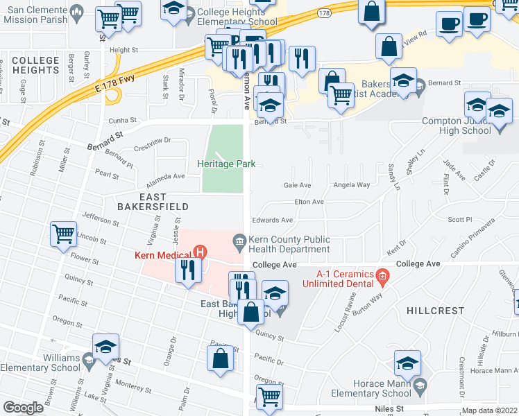 map of restaurants, bars, coffee shops, grocery stores, and more near 2214 Elton Avenue in Bakersfield