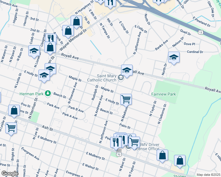map of restaurants, bars, coffee shops, grocery stores, and more near 1507 Maple Street in Goldsboro