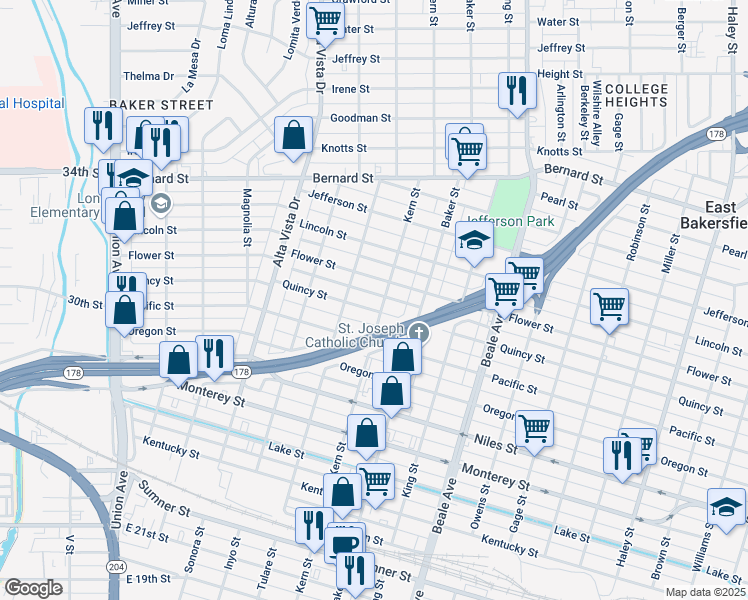 map of restaurants, bars, coffee shops, grocery stores, and more near 526 Quincy Street in Bakersfield