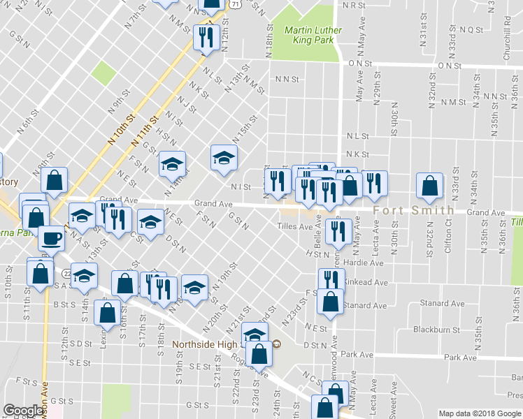 map of restaurants, bars, coffee shops, grocery stores, and more near 800 North 18th Street in Fort Smith
