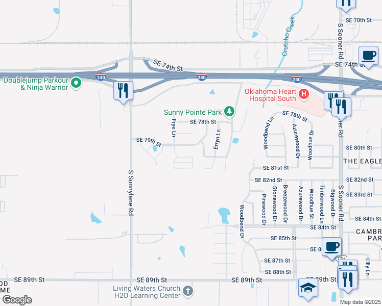 map of restaurants, bars, coffee shops, grocery stores, and more near 8001 Chumley Lane in Oklahoma City