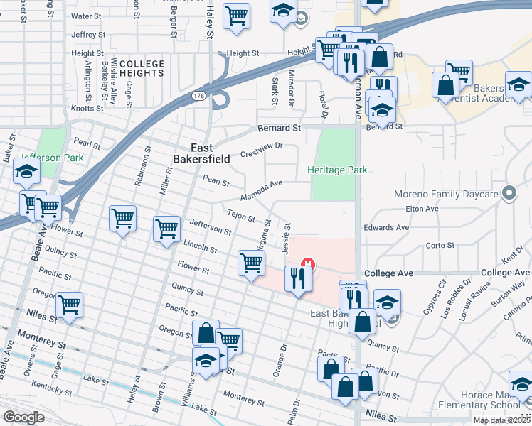 map of restaurants, bars, coffee shops, grocery stores, and more near 2004 Virginia Street in Bakersfield