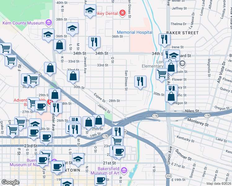 map of restaurants, bars, coffee shops, grocery stores, and more near 719 30th Street in Bakersfield