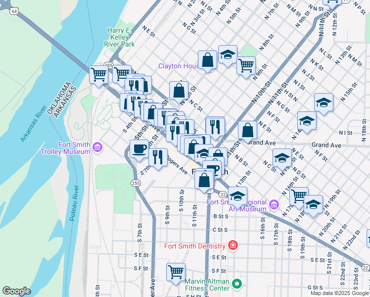map of restaurants, bars, coffee shops, grocery stores, and more near 723 Garrison Avenue in Fort Smith