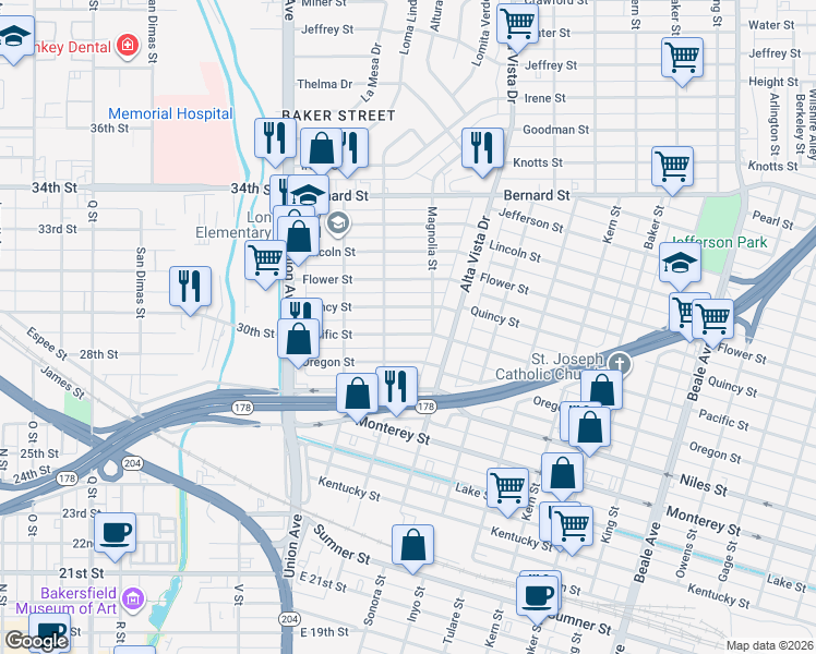 map of restaurants, bars, coffee shops, grocery stores, and more near 221 Quincy Street in Bakersfield