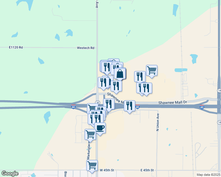 map of restaurants, bars, coffee shops, grocery stores, and more near 4901 North Kickapoo Street in Shawnee