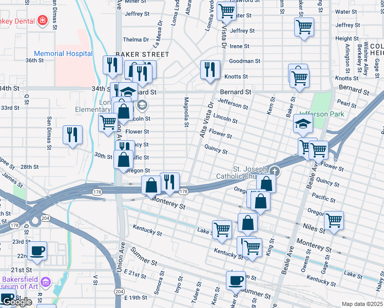map of restaurants, bars, coffee shops, grocery stores, and more near 1506 Alta Vista Drive in Bakersfield