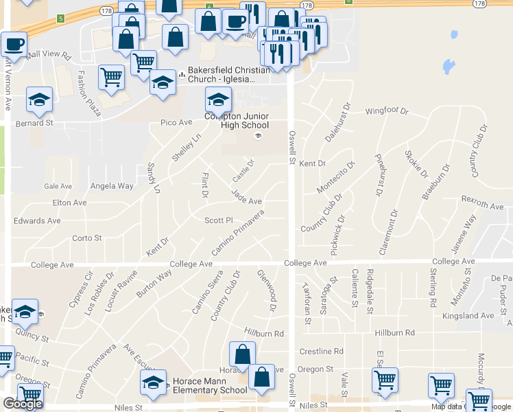 map of restaurants, bars, coffee shops, grocery stores, and more near 3321 Jade Avenue in Bakersfield