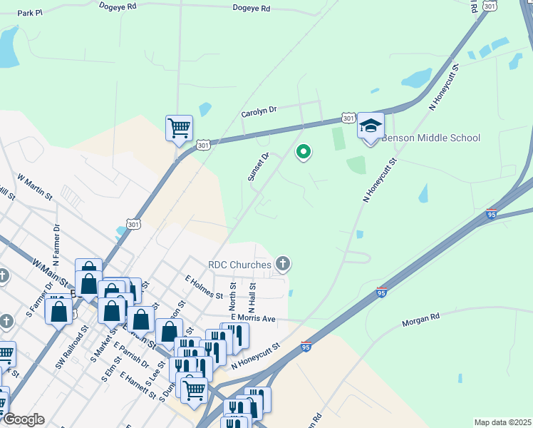 map of restaurants, bars, coffee shops, grocery stores, and more near 1204 North Johnson Street in Benson