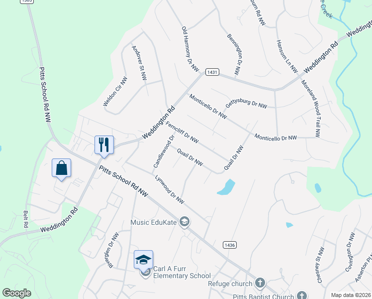 map of restaurants, bars, coffee shops, grocery stores, and more near 6215 Ferncliff Drive Northwest in Concord