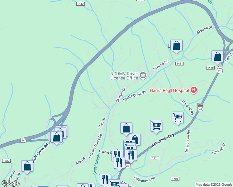 map of restaurants, bars, coffee shops, grocery stores, and more near 980 Chipper Curve Road in Sylva
