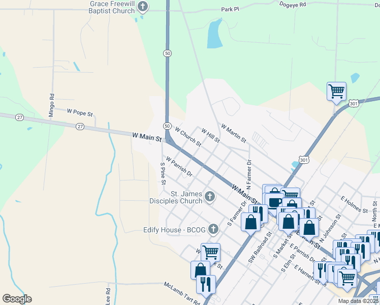 map of restaurants, bars, coffee shops, grocery stores, and more near 602 West Main Street in Benson