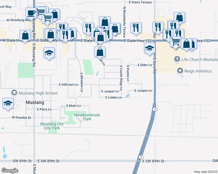 map of restaurants, bars, coffee shops, grocery stores, and more near 540 East Hillcrest Lane in Mustang