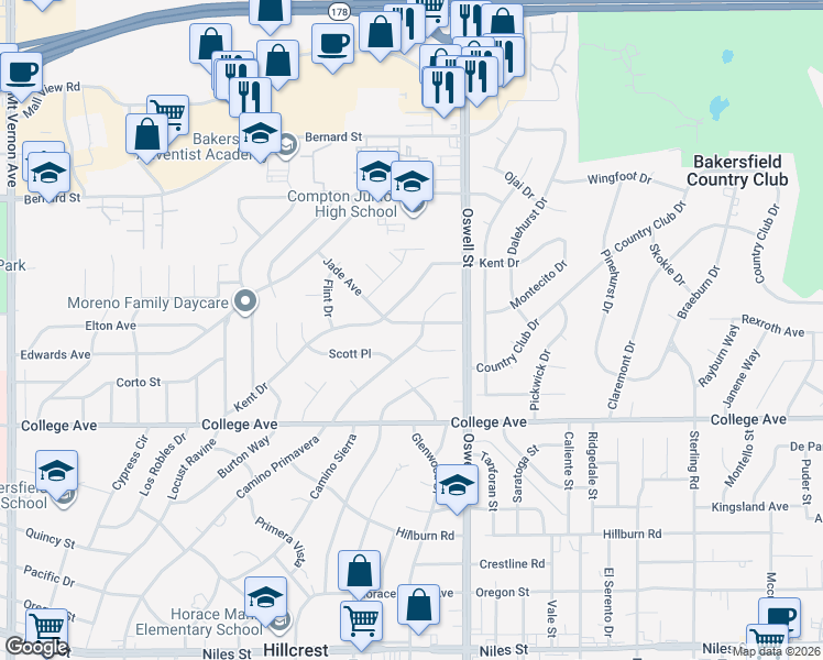 map of restaurants, bars, coffee shops, grocery stores, and more near 3321 Jade Avenue in Bakersfield