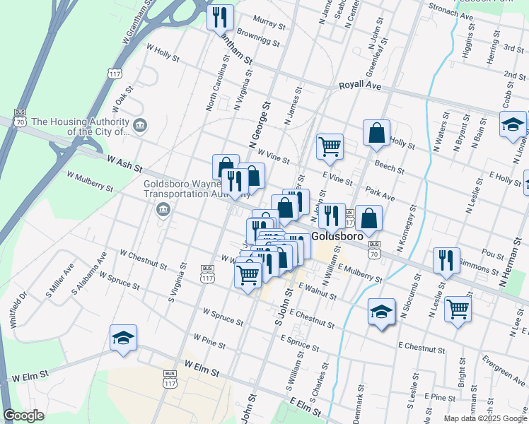 map of restaurants, bars, coffee shops, grocery stores, and more near 111 West Ash Street in Goldsboro