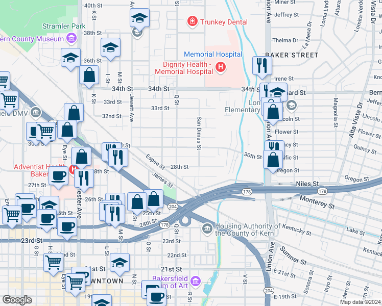 map of restaurants, bars, coffee shops, grocery stores, and more near 625 30th Street in Bakersfield