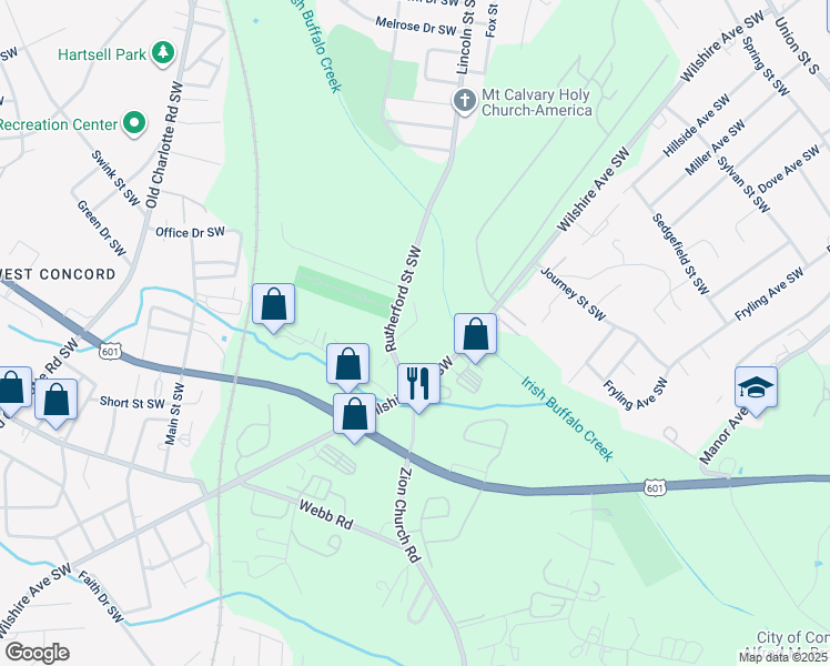 map of restaurants, bars, coffee shops, grocery stores, and more near 279 Brunting Lane Southwest in Concord