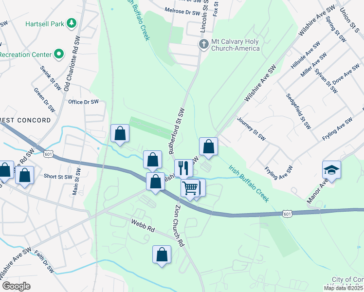 map of restaurants, bars, coffee shops, grocery stores, and more near 279 Brunting Lane Southwest in Concord