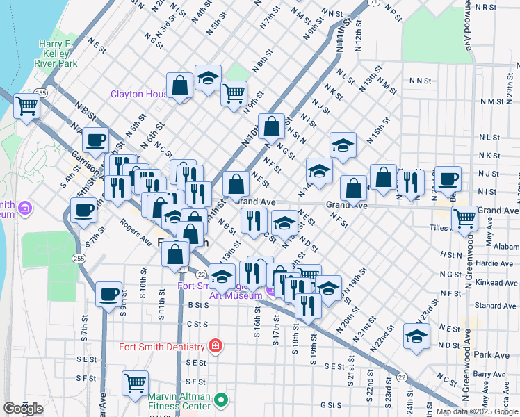 map of restaurants, bars, coffee shops, grocery stores, and more near 401 North 13th Street in Fort Smith