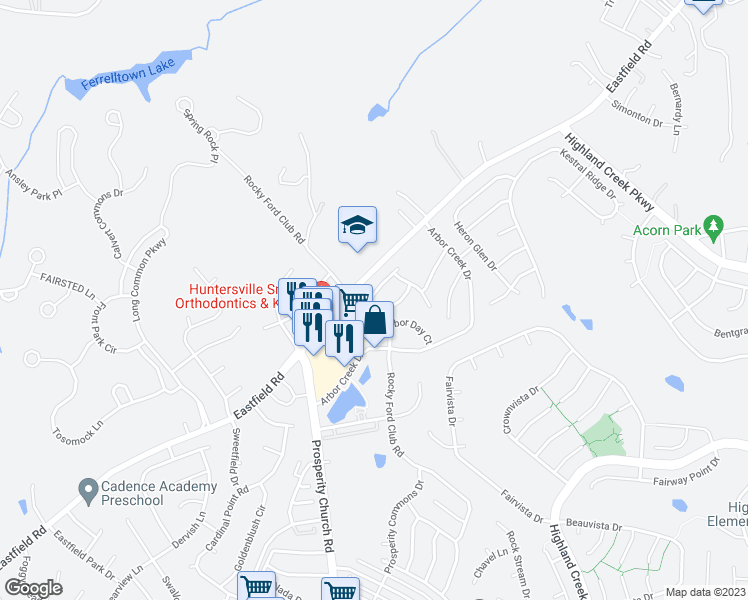 map of restaurants, bars, coffee shops, grocery stores, and more near 13230 Eastfield Village Lane in Charlotte