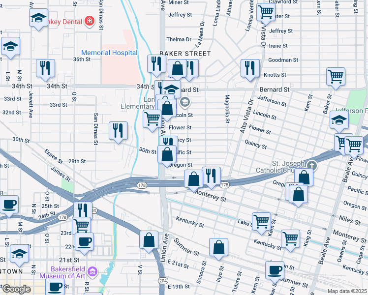 map of restaurants, bars, coffee shops, grocery stores, and more near 27 Quincy Street in Bakersfield