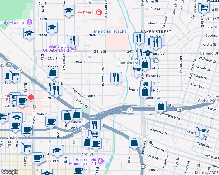 map of restaurants, bars, coffee shops, grocery stores, and more near 500 30th Street in Bakersfield