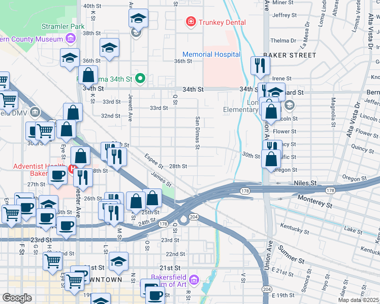 map of restaurants, bars, coffee shops, grocery stores, and more near 719 30th Street in Bakersfield