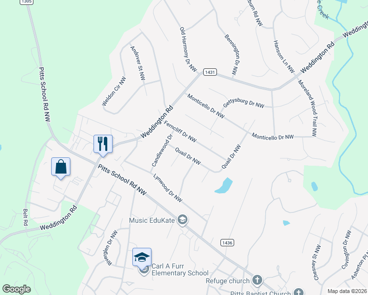 map of restaurants, bars, coffee shops, grocery stores, and more near 6215 Ferncliff Drive Northwest in Concord