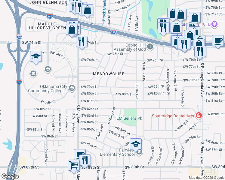 map of restaurants, bars, coffee shops, grocery stores, and more near 7912 South Linn Avenue in Oklahoma City