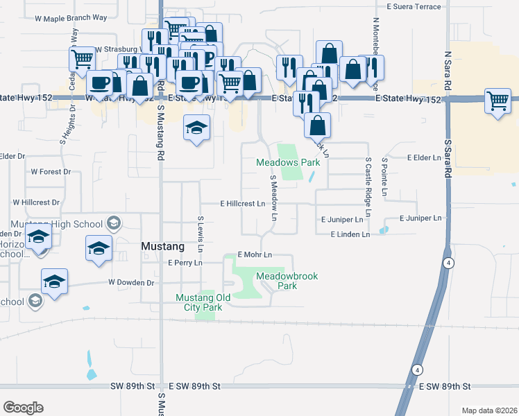map of restaurants, bars, coffee shops, grocery stores, and more near 311 East Hillcrest Lane in Mustang