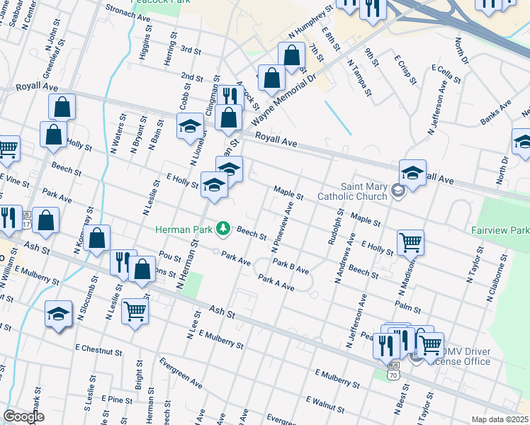 map of restaurants, bars, coffee shops, grocery stores, and more near 614 North Jackson Street in Goldsboro