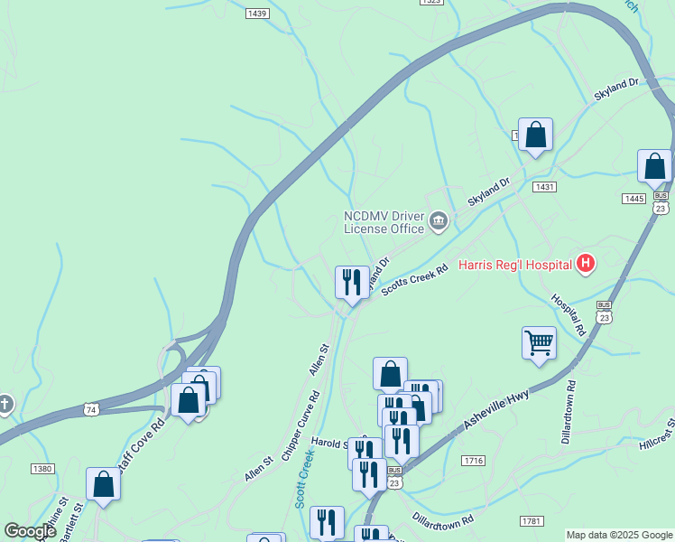 map of restaurants, bars, coffee shops, grocery stores, and more near 55 Smith Street in Sylva