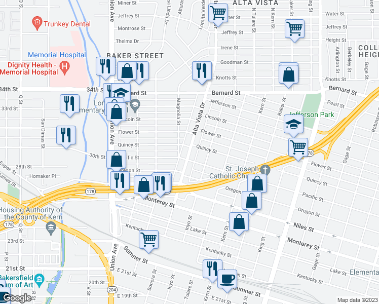 map of restaurants, bars, coffee shops, grocery stores, and more near 1514 Alta Vista Drive in Bakersfield