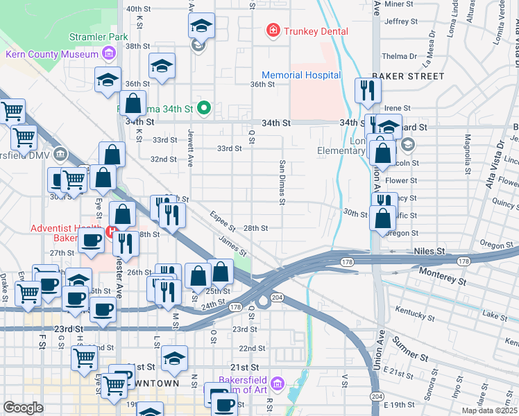 map of restaurants, bars, coffee shops, grocery stores, and more near 719 30th Street in Bakersfield
