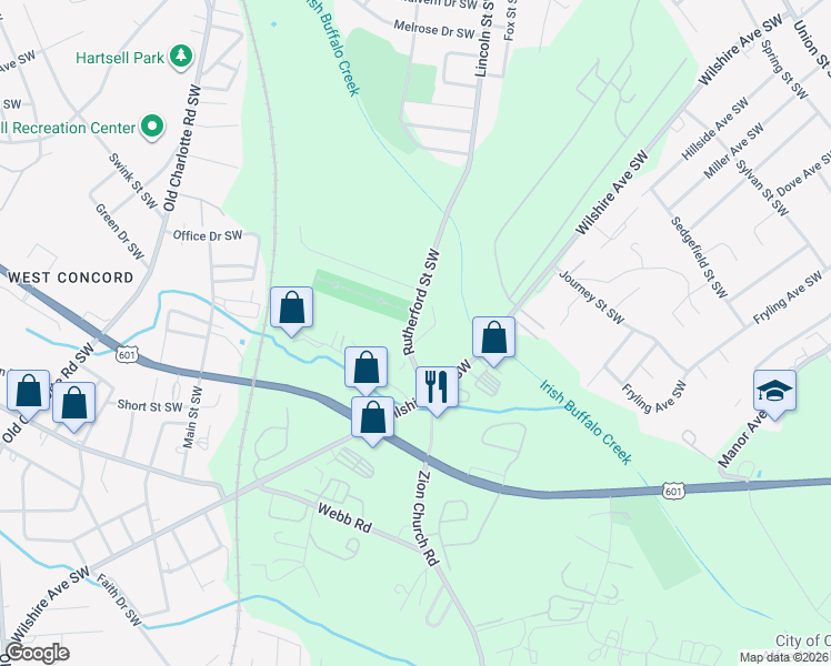 map of restaurants, bars, coffee shops, grocery stores, and more near 436 Rutherford Street Southwest in Concord