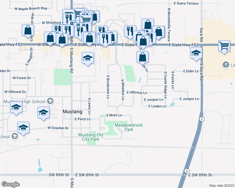 map of restaurants, bars, coffee shops, grocery stores, and more near 328 East Hillcrest Lane in Mustang