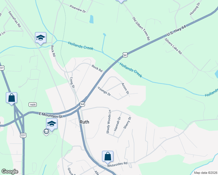 map of restaurants, bars, coffee shops, grocery stores, and more near 199 Northview-Dorsey Street in Rutherfordton