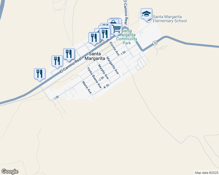 map of restaurants, bars, coffee shops, grocery stores, and more near 22540 K Street in Santa Margarita
