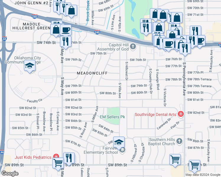 map of restaurants, bars, coffee shops, grocery stores, and more near 2520 Southwest 79th Street in Oklahoma City