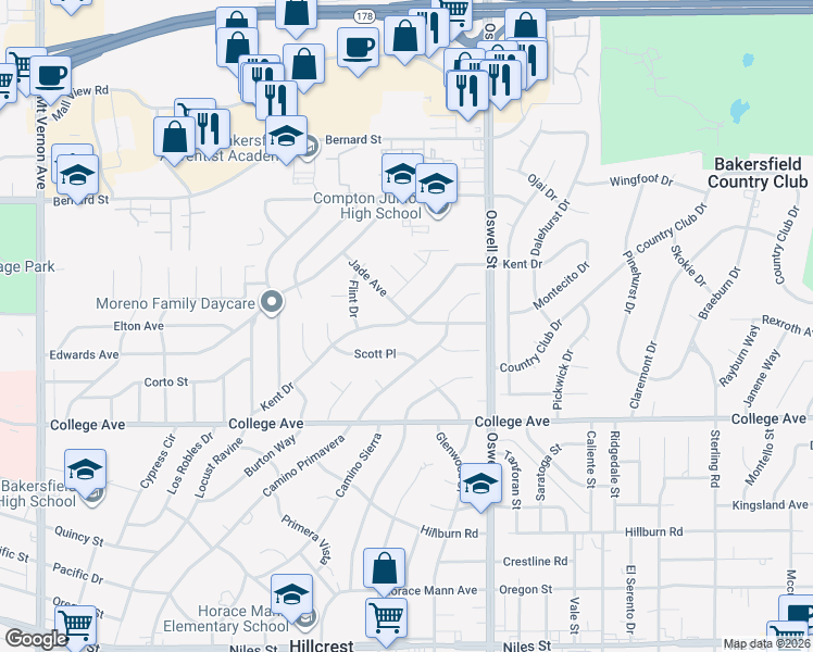 map of restaurants, bars, coffee shops, grocery stores, and more near 3210 Jade Avenue in Bakersfield