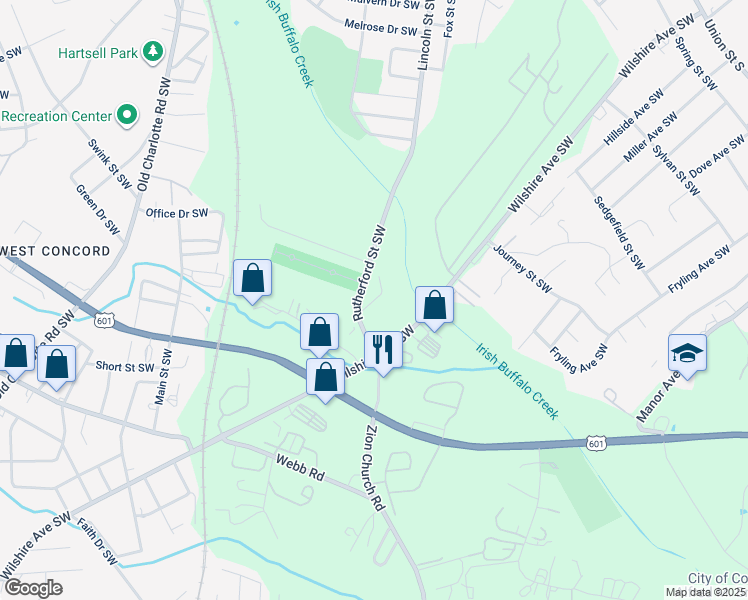 map of restaurants, bars, coffee shops, grocery stores, and more near 275 Brunting Lane Southwest in Concord