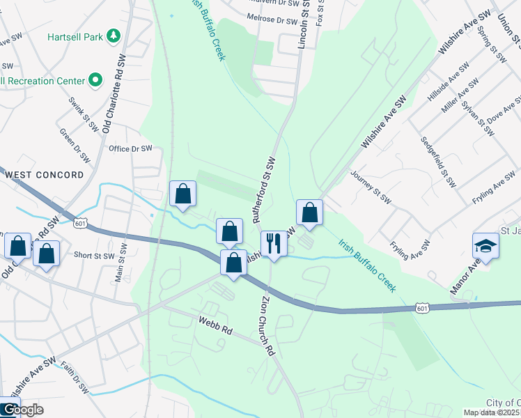 map of restaurants, bars, coffee shops, grocery stores, and more near 436 Rutherford Street Southwest in Concord